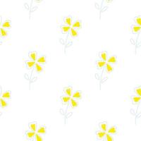 Minimalistic seamless floral pattern with yellow four-leaf clover elements. White isolated backdrop. vector