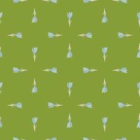 Geometric style seamless botanic pattern with blue crocus flowers print. Green olive background. Floral backdrop. vector