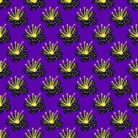 Seamless pattern spring plants on bright purple background. Vector floral template in doodle style with flowers.