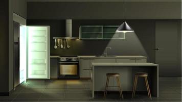Vector modern realistic kitchen interior in the evening with open fridge with light  with utensils, oven with light, cabinets and shelves with bar stools and bar table.