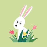 un lindo conejito con un montón de hierba y flores, ilustración vectorial de dibujos animados. vector