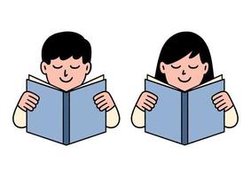 hombre y mujer leyendo un icono del logo del libro. dibujados a mano, personajes lindos, ilustración vectorial. vector