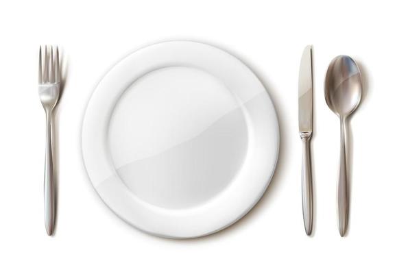 3d realistic cutlery set of white plate, fork, spoon and knife. Isolated on white background.