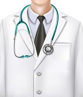 3d realistic vector doctor closeup in uniform, background with stethoscope and doctor suit.