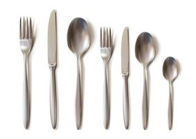 3d realistic cutlery set with table knife, spoon, fork, tea spoon and fish spoon. vector