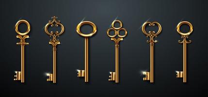 3d realistic vector collection of golden old vintage keys.