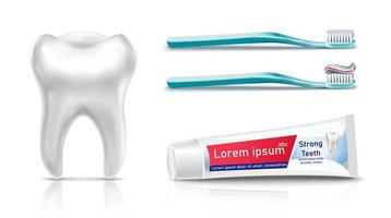 3d realistic vector dentistry set with white tooth, tooth paste and tooth brushes. Isolated on white background.