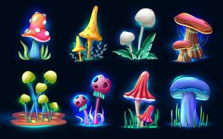 Collection of vector cartoon style magic fantasy  mushrooms glowing in the dark, isolated on white background. For web, video games, user interface, design printing.