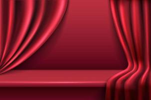 3d realistic vector red velvet background with wavy drapery curtains.