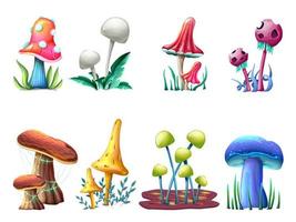 Collection of vector cartoon style magic fantasy  mushrooms, isolated on white background. For web, video games, user interface, design printing.