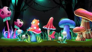 bosque mágico de dibujos animados vectoriales con setas en la noche brillante. vector