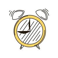 A hand-drawn doodle alarm clock. Ringing. Time to get up. Breakfast. Morning. simple vector in doodle style.