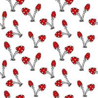 A seamless, hand-drawn doodle pattern of mushrooms. Whimsical fly agarics. Red mushrooms in polka dots. vector