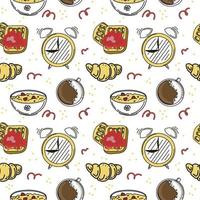 A seamless morning food pattern. Hand-drawn doodle-style elements. Breakfast. Good Morning. Alarm clock, coffee, porridge with berries and croissant. Simple doodle style vector. vector