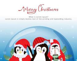 Winter illustration. Funny cartoon penguins in a glass ball. Hand lettering. Snow and snowflakes. Christmas and New Year. Vector illustration in a flat style.