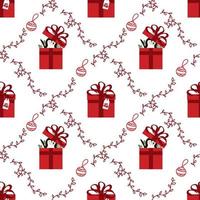 Funny cartoon Christmas background. Winter background, decorative baby wrap, texture, textile. Seamless festive pattern with Christmas tree, gift box, penguin, bird. vector