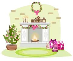 interior de la casa en estilo pascua. chimenea con casas decorativas, el árbol está decorado con conejitos y huevos con patrones. velas, regalos. corona de pascua en la pared. vector