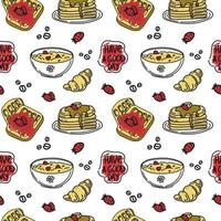 A seamless drawing of a morning meal. Hand-drawn doodle-style elements. Breakfast. Good Morning. Porridge with berries, croissant and waffles. Simple vector in doodle style.