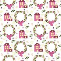 Spring vector seamless pattern. Easter wreath with cute houses, tree twigs, bows, Easter eggs. Spring. Easter. Vector in flat style.