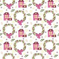 Spring vector seamless pattern. Easter wreath with cute houses, tree twigs, bows, Easter eggs. Spring. Easter. Vector in flat style.