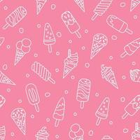 Ice cream, eskimo, waffle cone. Seamless pattern in doodle and cartoon style on pink background. Vector illustration