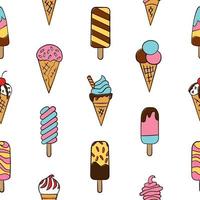 Ice cream, eskimo, waffle cone. Seamless pattern in doodle and cartoon style on white background. Vector illustration