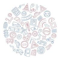 Set of cars, road objects, traffic signs and automobile symbols. Vector illustration in doodle style