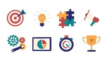 Set of vector illustrations for describe business processes, for design websites. Goal, a target with an arrow, idea, light bulb, puzzles, megaphone, gears and wrench, chart on tablet