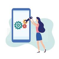 Woman with big wrench repairing phone screen with gears. Service technician with a spanner is repair big smartphone. Software configuration, debugging mobile applications. vector