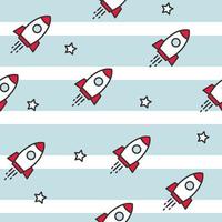 Space, rockets and stars. Seamless pattern with spaceships. Cosmos background. Vector illustration on striped background