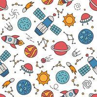 Space, planets, stars and rockets. Hand drawn seamless pattern in doodle style. Cosmos bakground. Vector illustration