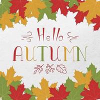 Text Hello autumn and maple leaves. Lettering. Colorful card. Hand drawning. Vector illustration