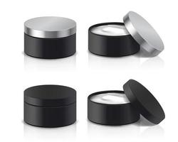 3d realistic vector collection of beauty cream jars with open lids in black color.