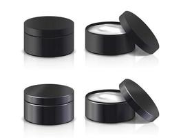 Colección vectorial 3d realista de tarros de crema de belleza con tapas abiertas en color negro. vector