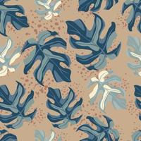 Random seamless doodle pattern with navy blue monstera silhouettes. Beige background with splashes. vector