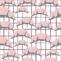 Light pink colored croissants silhouettes seamless pattern. Doodle delicious ornament on white chequered background. vector