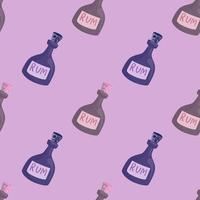 Pirate drink seamless pattern with rum bottle elements. Lilac pastel background. Alcohol backdrop. vector