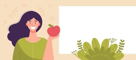 mujer joven con manzana en la mano. comida dietética, estilo de vida saludable, comida vegetariana, dieta de alimentos crudos. refrigerio para estudiantes.plantilla, espacio para texto, banner para sitio web. ilustración vectorial de dibujos animados plana. vector