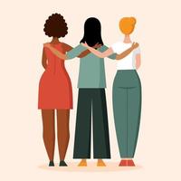 una mujer con un color de piel diferente está de espaldas. el concepto de lucha contra el racismo, la unidad de diferentes razas, un abrazo amistoso. razas africanas, asiáticas y europeas. ilustración vectorial plana aislada vector