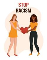 las mujeres con diferentes colores de piel sostienen el corazón. el concepto de lucha contra el racismo, unidad de diferentes razas, abrazos amistosos, apoyo. razas africanas y europeas. ilustración vectorial plana aislada vector