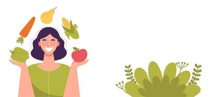 mujer sonriente con verduras y frutas en sus manos. comida saludable, concepto de dieta, dieta de alimentos crudos, vegetariano. banner para sitio web, espacio para texto, plantilla. ilustración de vector de dibujos animados plana
