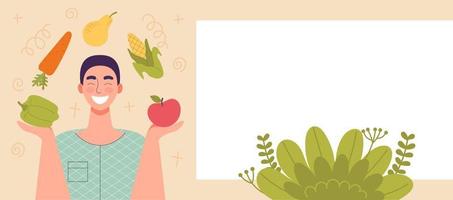 hombre sonriente con verduras y frutas en sus manos. comida saludable, concepto de dieta, dieta de alimentos crudos, vegetariano. banner para sitio web, espacio para texto, plantilla. ilustración de vector de dibujos animados plana