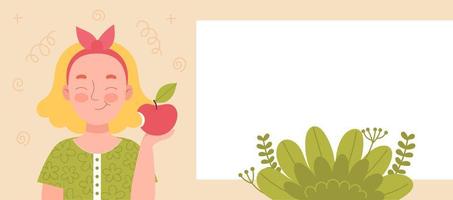 linda chica sonriente comiendo una manzana. merienda escolar, comida saludable, dieta de frutas, vitaminas para niños. banner para sitio web. spase para texto, template.flat vector ilustración stock de dibujos animados