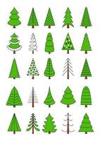 A set of Christmas trees in a simple outline style. Stylized elements for New Year and Christmas. Festive celebration. Greeting card, wrapping paper. Isolated vector illustration on white background.