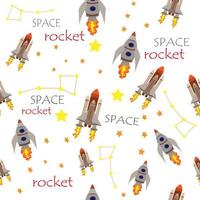 space seamless pattern with two rockets, stars and constellations and the slogan SPACE, ROCKET. Background of the starry sky with cosmic elements. Trendy kids vector background, hand-drawn