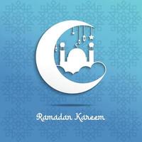 Ramadan kareem vector illustration art on blue with islamic ornament, cloud, moon and mosque