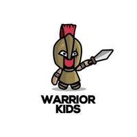 Cartoon illustration warrior, knight kid, Design element for logo, poster, card, banner, emblem, t shirt. Vector illustration.