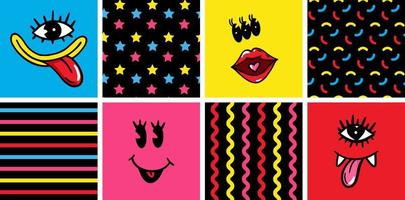 Set of abstract posters with weird comic faces. Hand drawn vector illustration