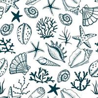 Hand drawn sea shells, seaweed and stars seamless collection. For fabric, wallpaper, wrapping paper, textile, bedding, t-shirt print. vector