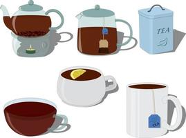 Teapots, tea container and cups of tea collection vector illustration